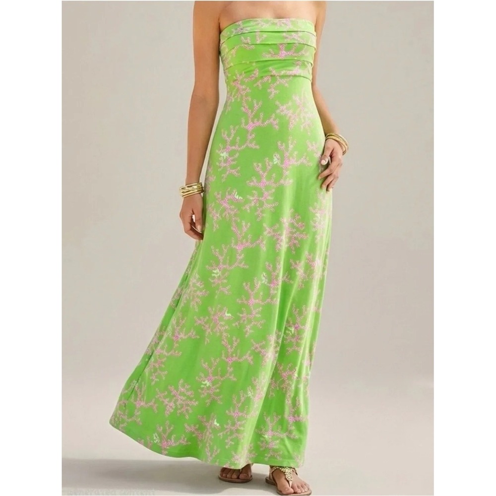Lilly Pulitzer Petula Strapless Maxi Dress Green Coral Me Crazy Resort